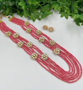 Designer Multilayered Semi Precious Peach Pink Color Jade Beaded Necklace Set With Kundan Brooches